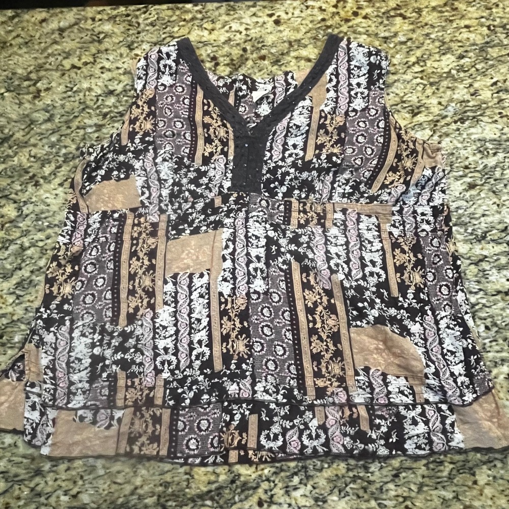 Faded Glory Womens Plus Brown Floral Paisley Sequin Crochet V-Neck Tank Top XXL
